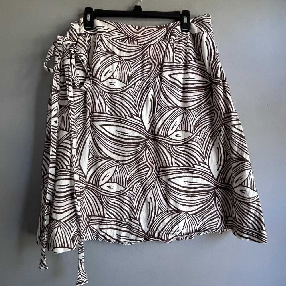 Talbots Woman Brown White Linen Abstract Print Wrap Skirt Size 16W